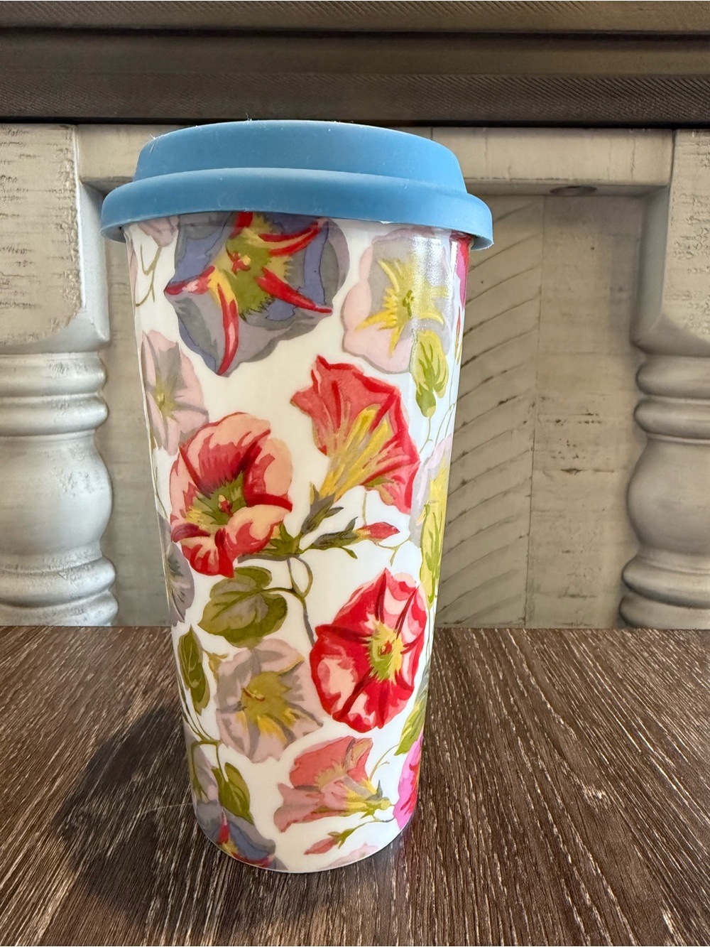 Mackenzie-Child’s Morning Glory Travel Cup with Sky Blue Lid - Picture 2 of 2